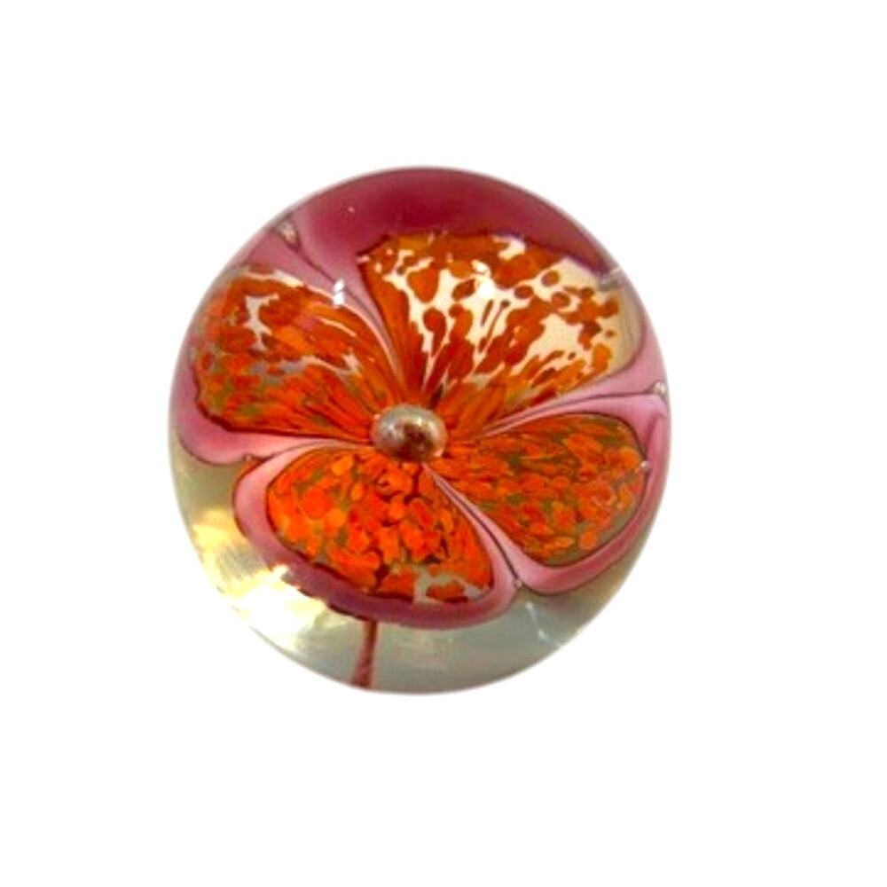 Vintage Art Glass Orange Pink Floral Flower Paperweight